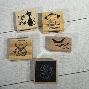 Halloween Wood and Rubber Stamps Bundle of 5